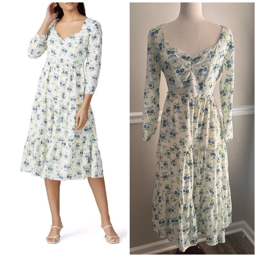 Sweet Baby Jamie Ivory Bluebelle Floral Tiered Midi Dress L Cottagecore Prairie